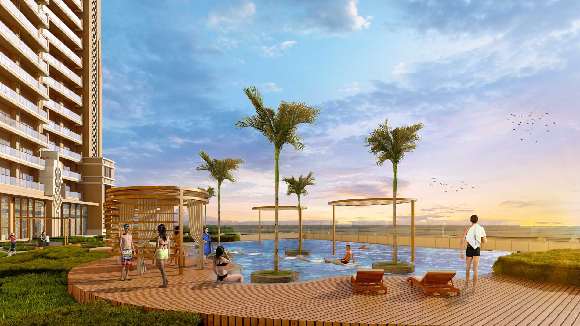 L&T Sector 86 pool deck at sunset, artist's impression