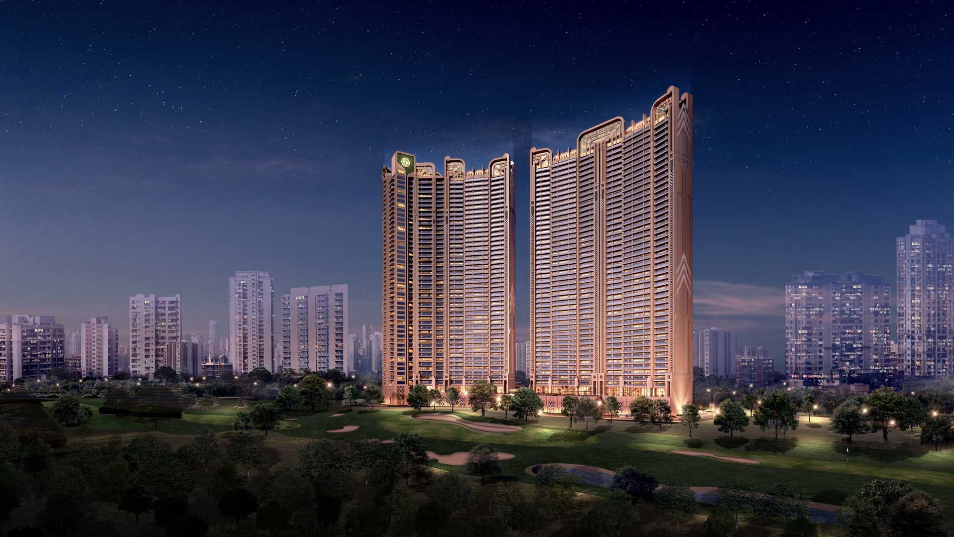 L&T Sector 86 towers lit up at night, artist's impression